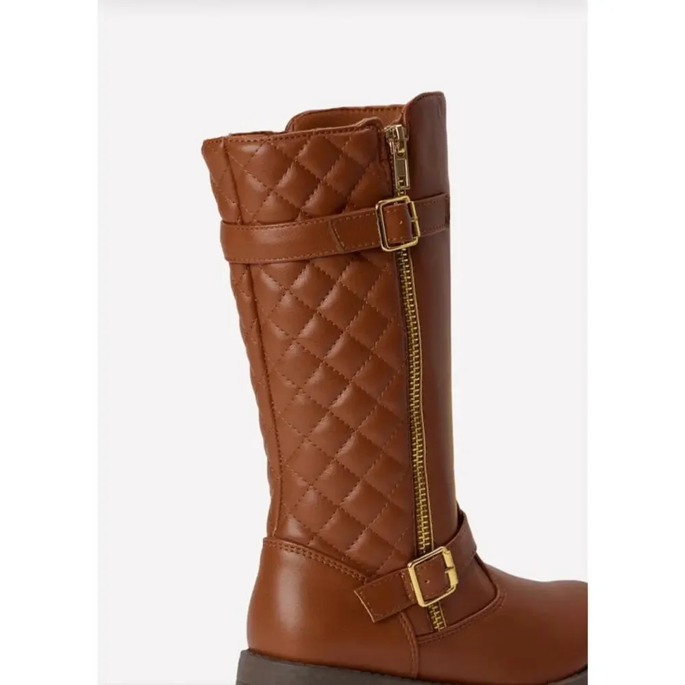 FabKids Brown Quilted Moto Boots - Girls Size 5